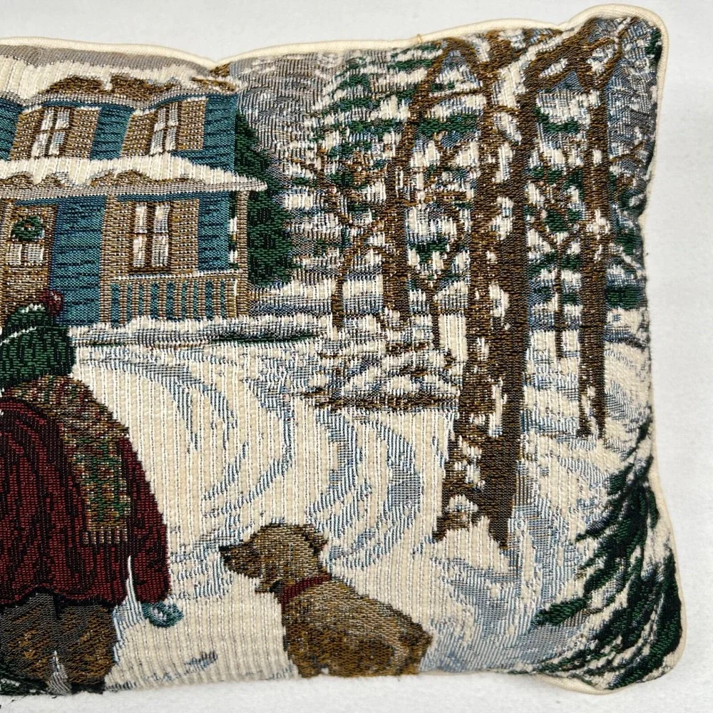 Christmas Throw Pillow Tapestry Boy‎ Dog Tree Snow 16 x 11